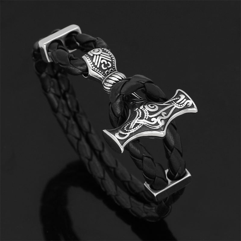 Thor hammer leather bracelet Viking totem titanium steel bracelet