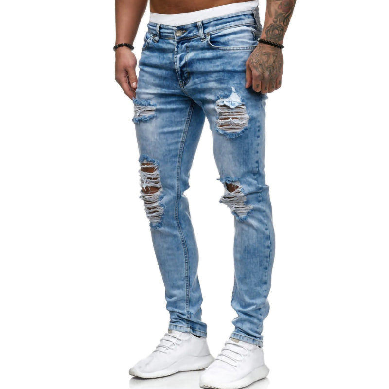 Hole bleaching process small straight men's jeans