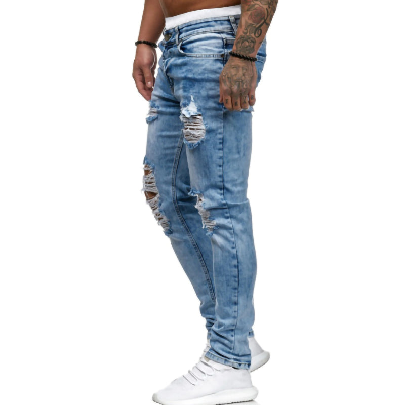 Hole bleaching process small straight men's jeans