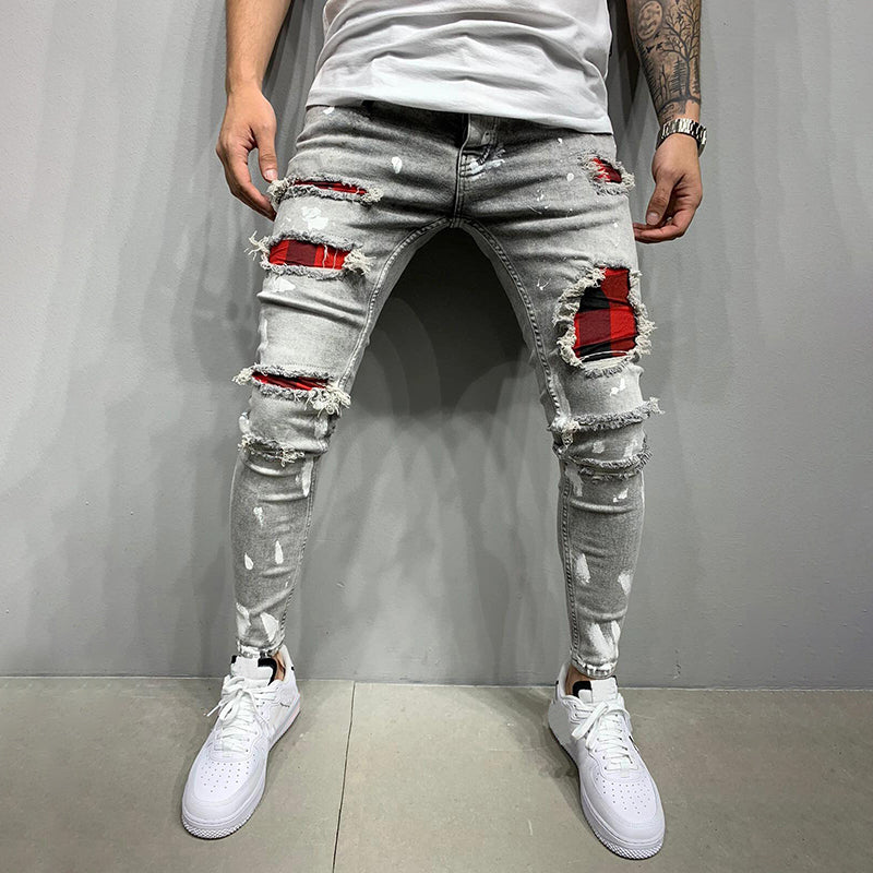 Ripped patchwork slim men's jeans