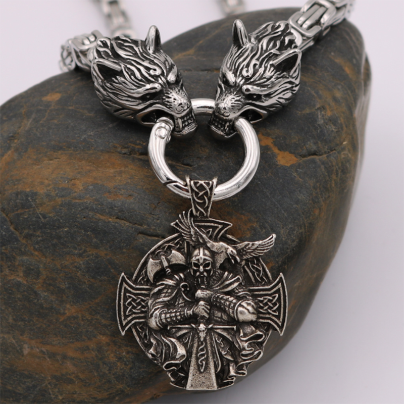Viking Odin Celtic Wolf Head Pendant Men's Necklace